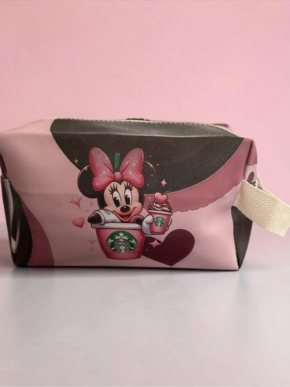 Pink Minnie Mouse Cosmetic Pouch with Coffee Cup Design